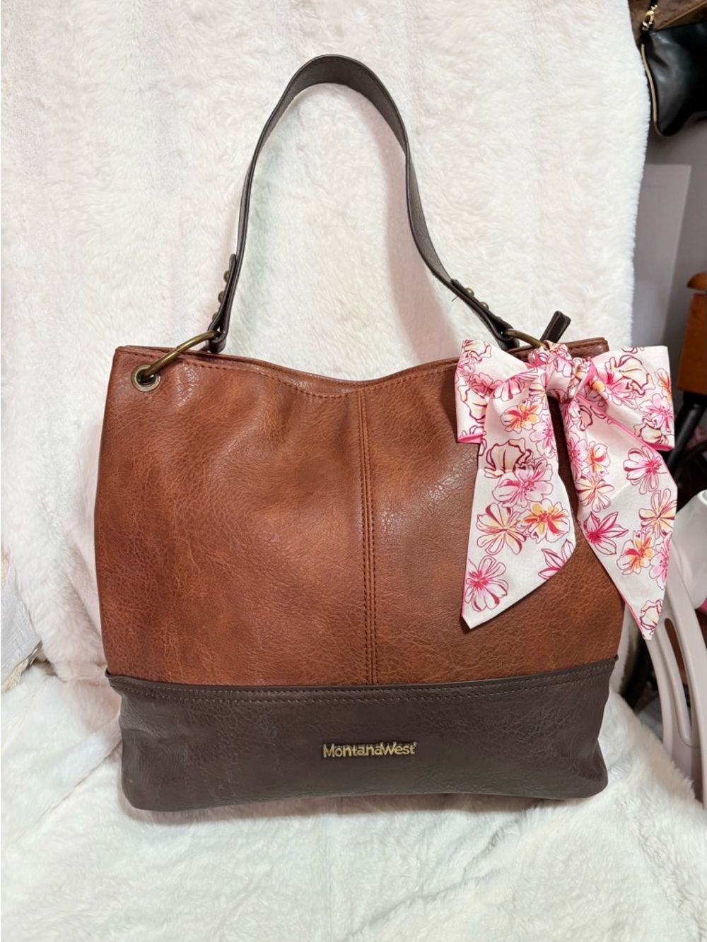 Montana West Two-Tone Brown Leather Tote with Pink Floral Scarf